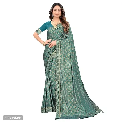 JAY AMBEY FABRICS Floral Foil Print Saree For Women Lycra Blend Saree With Blouse Piece (Peacock Blue)-thumb3