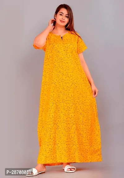 Stylish Yellow Cotton Printed Nighty For Women-thumb0