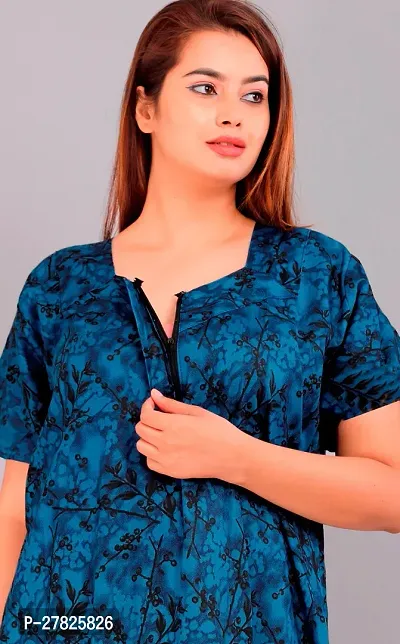 Stylish Blue Cotton Printed Nighty For Women-thumb0