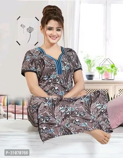 Stylish Grey Satin Printed Nighty For Women-thumb0