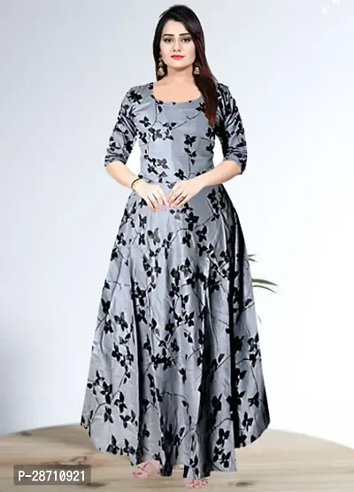 Stylish Grey Rayon Floral Printed Maxi Dresses For Women