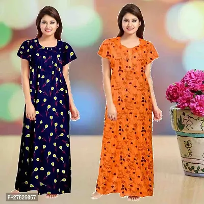 Stylish Multicoloured Cotton Printed Nighty For Women Pack Of 2