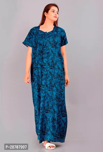 Stylish Blue Cotton Printed Nighty For Women-thumb0