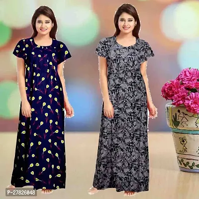 Stylish Multicoloured Cotton Printed Nighty For Women Pack Of 2