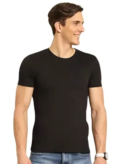 The Cloth Smith Men's Solid Round Neck Regular Fit Outerwear Fit Half Sleeves T-Shirt Pack of 1 (Large, Black)