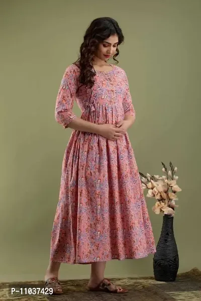 Women's Cotton Floral Printed Anarkali Maternity Feeding Kurti (Peach-L)-thumb5