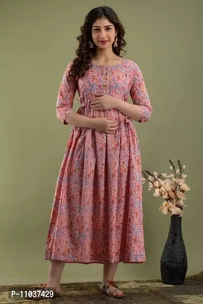 Women's Cotton Floral Printed Anarkali Maternity Feeding Kurti (Peach-L)-thumb2