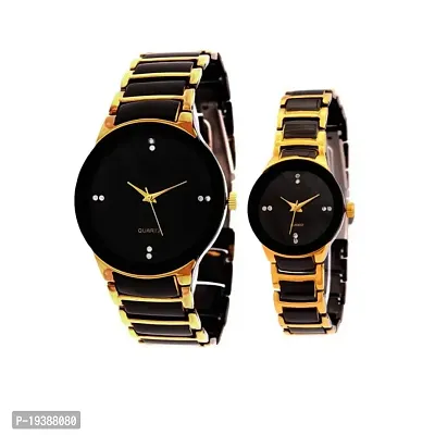 Accro Black Dial with Diamond Touch with Black and Golden Strap Watch for Couple