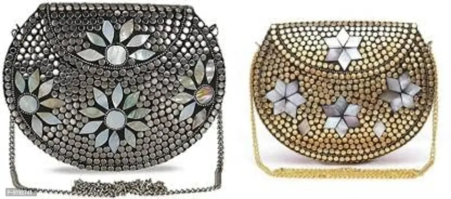Embroided Women  Clutches for Women Shakuntala Textiles bridal bag Brass Metal Clutch Sling Bag (silver)