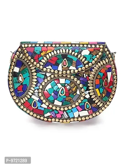 Trend Overseas Silver metal Beaded Ethnic purse Girls Bridal Bag cross body bag for women/Girl party clutch Metal clutches Vintage Brass-thumb0