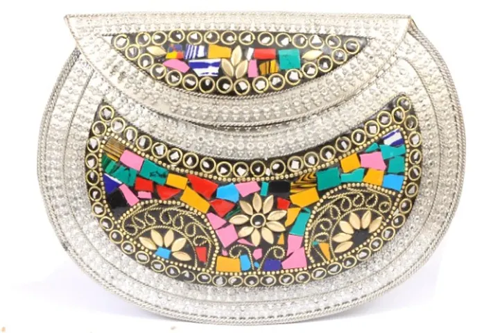 Womens Metal Mosaic Shell Mop Wedding Party Box Clutch (Multicolour)