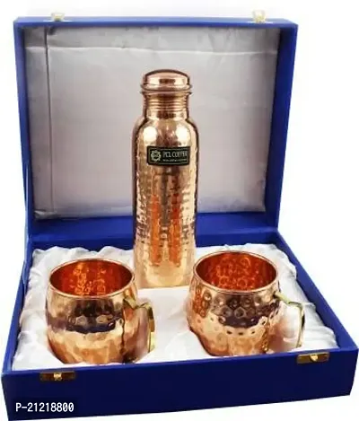 Shakuntala Vintage Copper Hammer Finish Water Bottle with 2 Copper Mugs Combo Gift Box 500 ml Bottle (Pack of 1, Copper)-thumb0