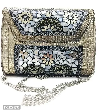 Shakuntala Textles Antique Indian Handmade Square mosaic metal bag Women/Girls Bridal metal clutch party sling bag-thumb0