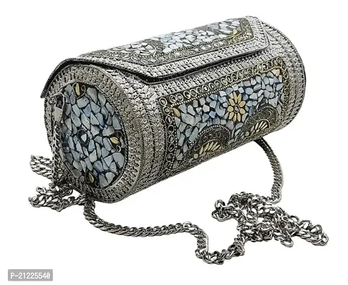 SHAKUNTLA VINTAGE Eye Catching Handmade Cylinder Round Ethnic Silver Metal bag Antique Bridal clutch