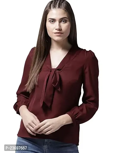 Elegant Maroon Polyester Solid Top For Women