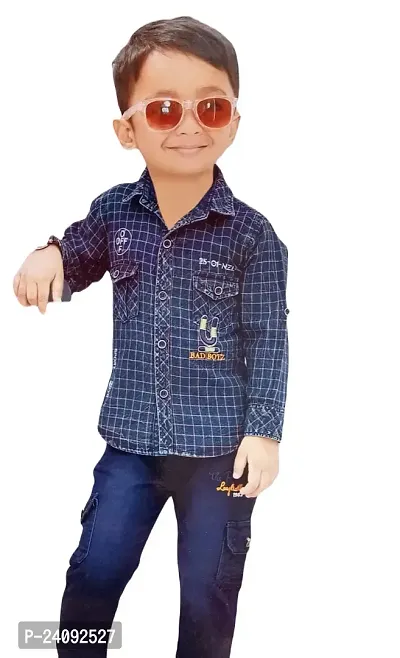 Fabulous Blue Cotton Checked Shirts with Jeans For Boys