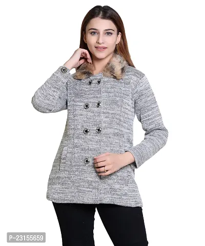 Elegant Grey Woolen Self Pattern Sweaters For Women-thumb0