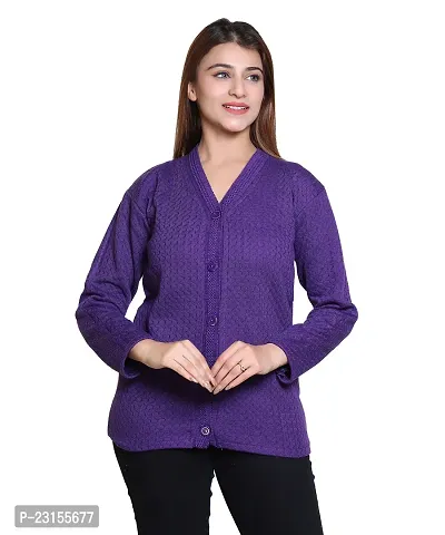 Elegant Purple Wool Blend Self Pattern Cardigan For Women-thumb0