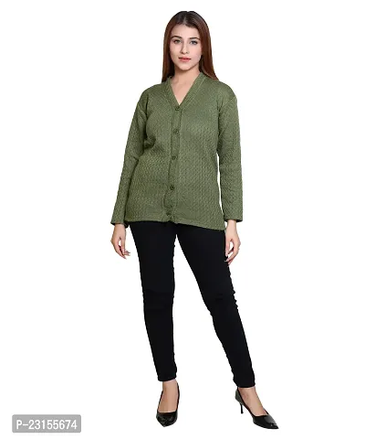 Elegant Green Wool Blend Self Pattern Cardigan For Women-thumb2