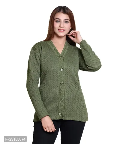 Elegant Green Wool Blend Self Pattern Cardigan For Women