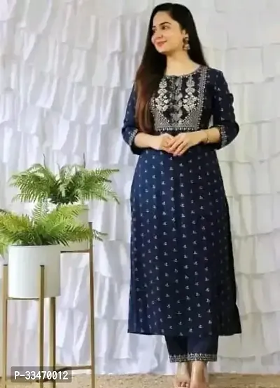 Stylish Navy Blue Rayon Printed Kurta Bottom Set For Women-thumb0