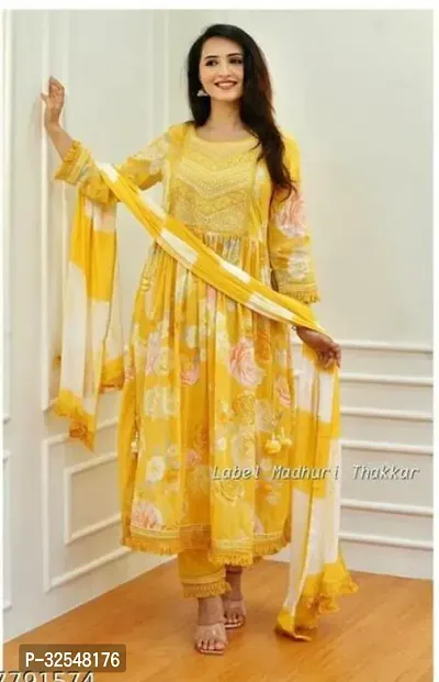 Stylish Yellow Rayon Kurta Bottom and Dupatta Set For Women-thumb0