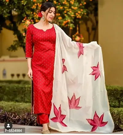 Fabulous Red Rayon Printed Kurta with Pant And Dupatta Set For Women-thumb0