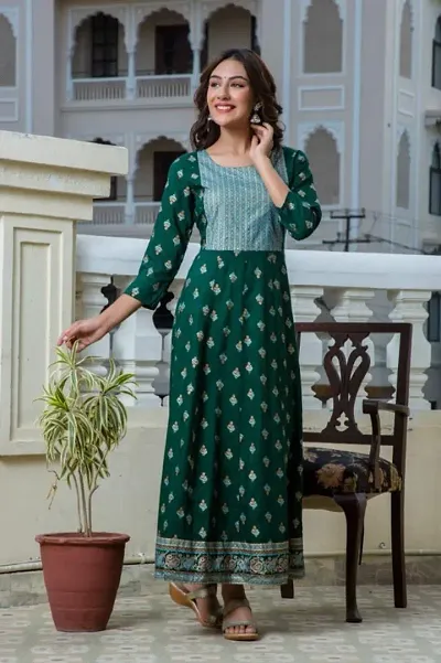 Stylish Rayon Round Neck 3/4 Sleeves Anarkali Kurta For Women