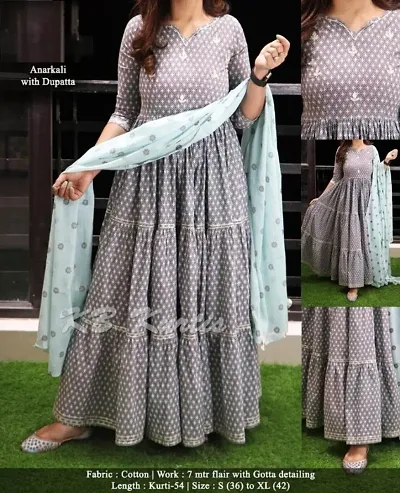 Stunning Cambric Cotton Printed Anarkali Kurti With Dupatta