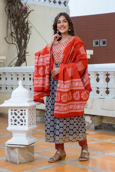 Rayon Printed A-line/Straight Kurti Bottom With Dupatta Set