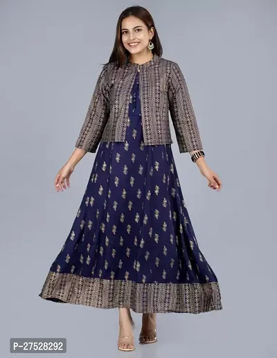 Blue Floral Golden Print Anarkali Kurtis With Jacket-thumb0