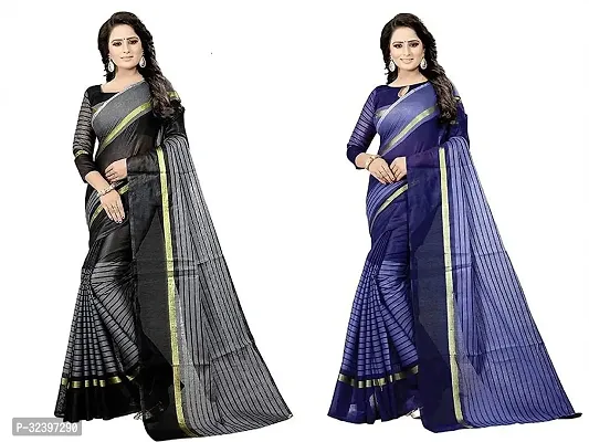 Beautiful Polycotton Striped Women Saree without Blouse piece-Pack Of 2