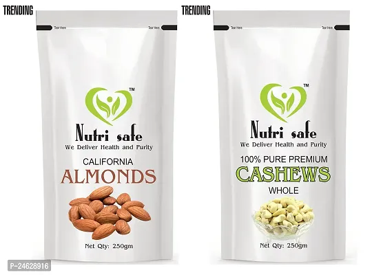 Nutri Safe Premium Natural California Almonds and Whole Cashews 250g Combo