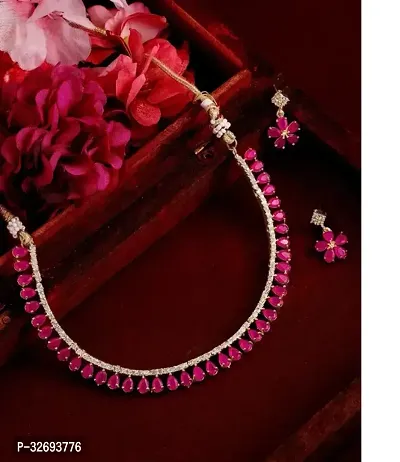 Stylish Pink Alloy Cubic Zirconia Jewellery Set For Women-thumb0