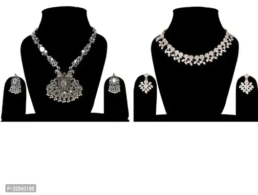 Stylish Silver Alloy American Diamond Jewellery Set For Women and Girls set of 2-thumb0