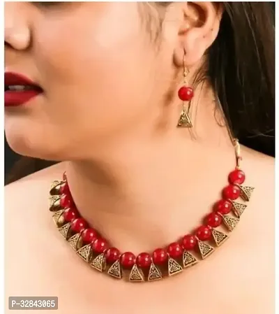 Stylish Red Oxidised Gold Beads Jewellery Set For Women and Girls set of 1-thumb0