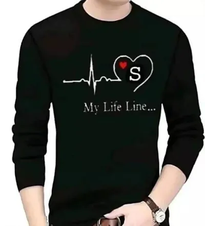 Classic Black Full Sleeve Round Neck Polyester Printed T Shirt For Men