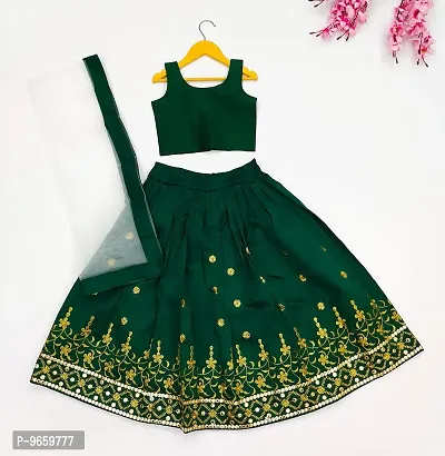 Tejam Girl's Taffeta Silk Embroidered Lehenga Choli with Dupata set For kids Grils stitched Lehenga Choli For Grils (5-6 Years, Green)-thumb2