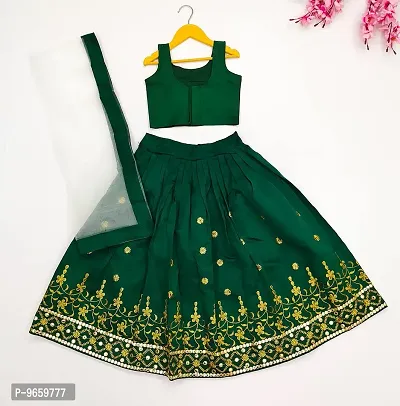 Tejam Girl's Taffeta Silk Embroidered Lehenga Choli with Dupata set For kids Grils stitched Lehenga Choli For Grils (5-6 Years, Green)-thumb4