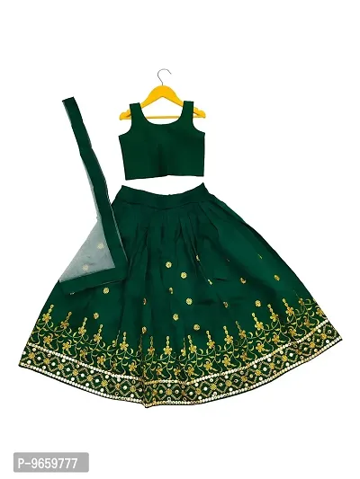 Tejam Girl's Taffeta Silk Embroidered Lehenga Choli with Dupata set For kids Grils stitched Lehenga Choli For Grils (5-6 Years, Green)-thumb0