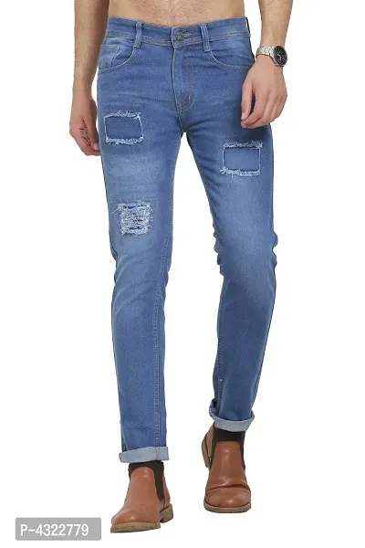 Blue Polycotton Distress Regular Fit Mid-Rise Jeans-thumb0
