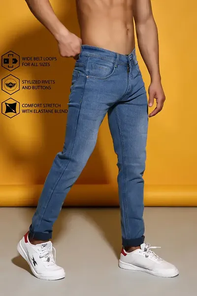 Reliable Blue Denim Solid Mid-Rise Jeans For Men