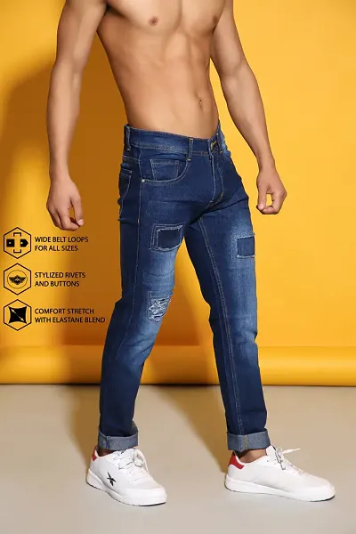 Sobbers Men's Denim Mid Wash Slim Fit  Dark Blue Jeans