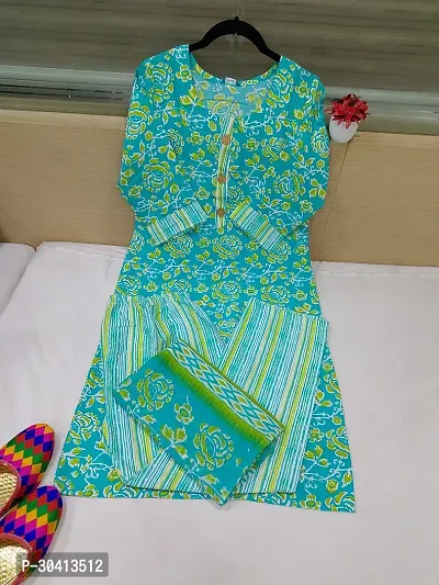 Pretty Turquoise Printed Cotton Straight Kurta Pant With Dupatta For Women