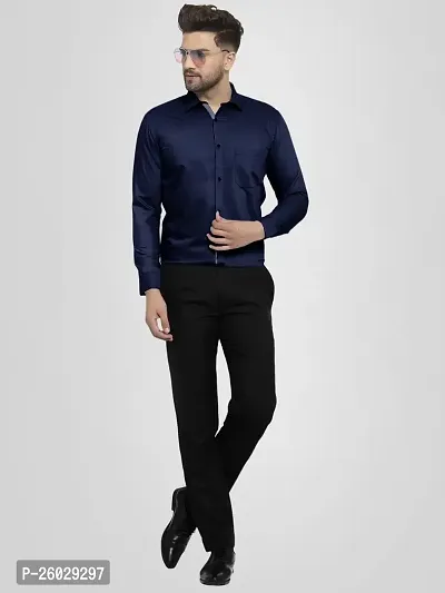 Men Stylish Navy Blue Cotton Solid Long Sleeve Semi Formal Shirt