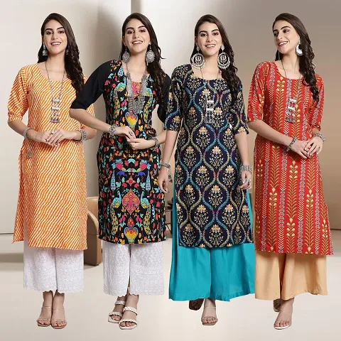 Fancy Multicoloured A-Line Crepe Kurti - Pack of 4