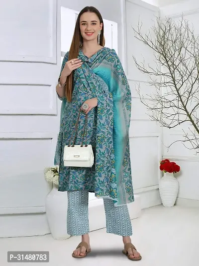 Stylish Cotton Blend Printed Kurta With Pant And Dupatta Set For Women-thumb0