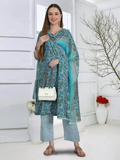 Stylish Cotton Blend Printed Kurta Bottom Dupatta Set