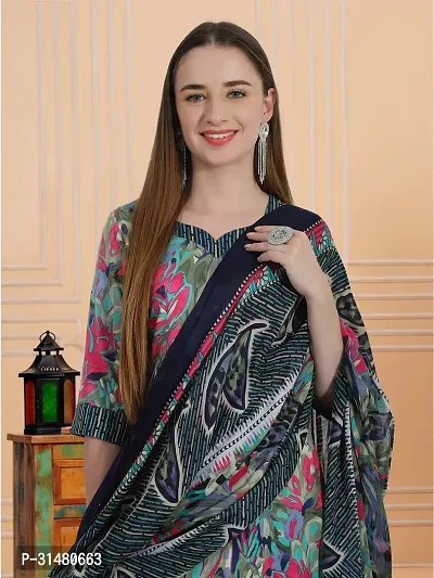 Stylish Multicoloured Cotton Blend Printed Kurta, Bottom and Dupatta Set For Women-thumb5