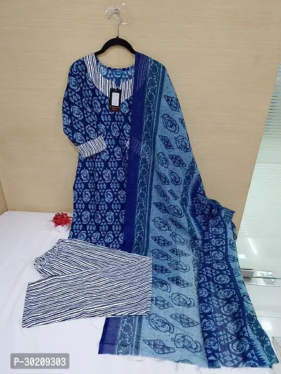 Elegant Cotton Printed Kurta with Pant And Dupatta Set For Women